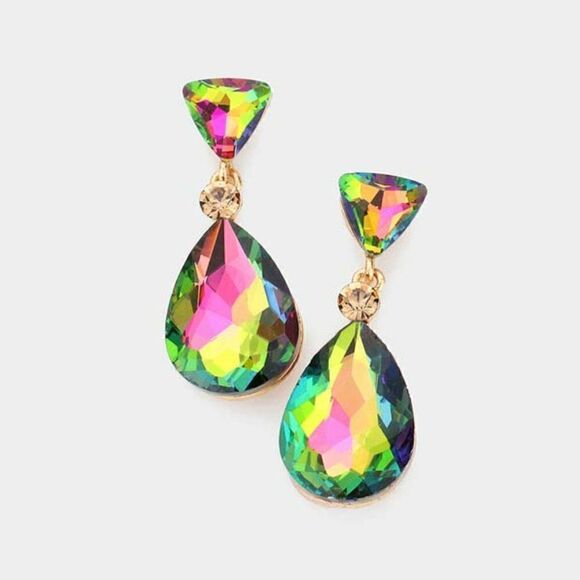 Triangle Round Teardrop Stone Oil Spill Evening Earrings - Picture 4 of 6